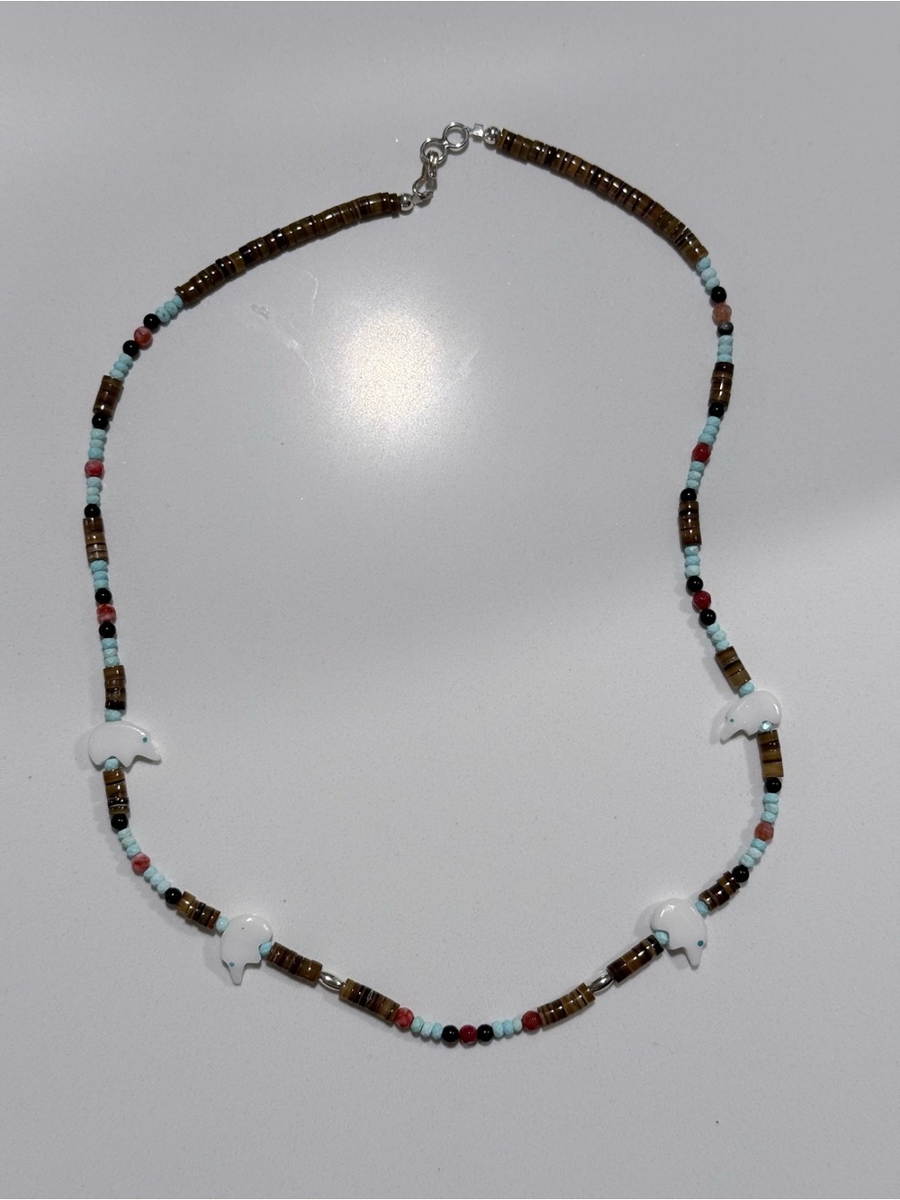 Southwestern Carved White Shell Bear Fetish Necklace Tiger Eye Bead